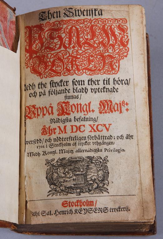 PARTI BÖCKER, 10 st, psalmböcker, teologi, 1700-1800-tal. Bla "Then Swenska Psalmboken", tryckt i Stockholm 1701.