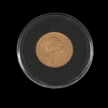 GULDMYNT, 10 kronor, Oscar II, 1883, vikt ca 4 g.