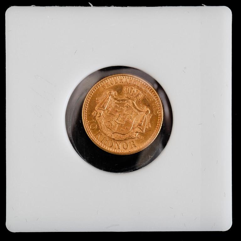 GULDMYNT, 10 kronor, Oscar II, 1901. Vikt ca 4 gram.