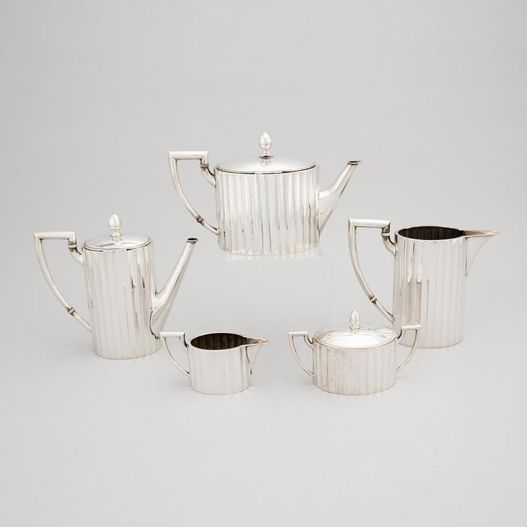 An Art Déco Silver 800 Coffee Pot, Teapot, Creamer, Sugar Bowl and Pitcher, Silberwarenfabrik Alexander Sturm, Austria.