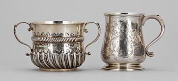 BÄGARE SAMT KOPP, silver, bl.a. London, England, 1800-1900-tal. Tot ca 402g.