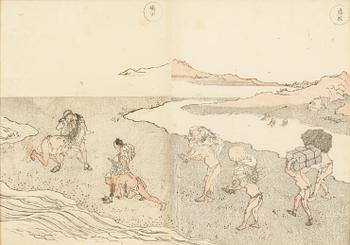 Katsushika Hokusai, efter, träsnitt ur album, sex stycken, Japan.