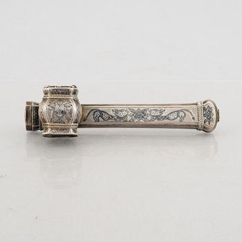 Pen case with inkwell, Qalamdan, brass with niello decoration, Ottoman Empire, around 1900.