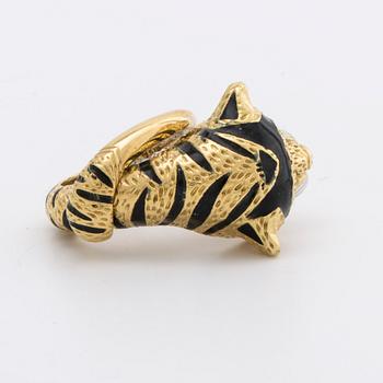 RING 18K guld, emalj, gröna glasstenar.