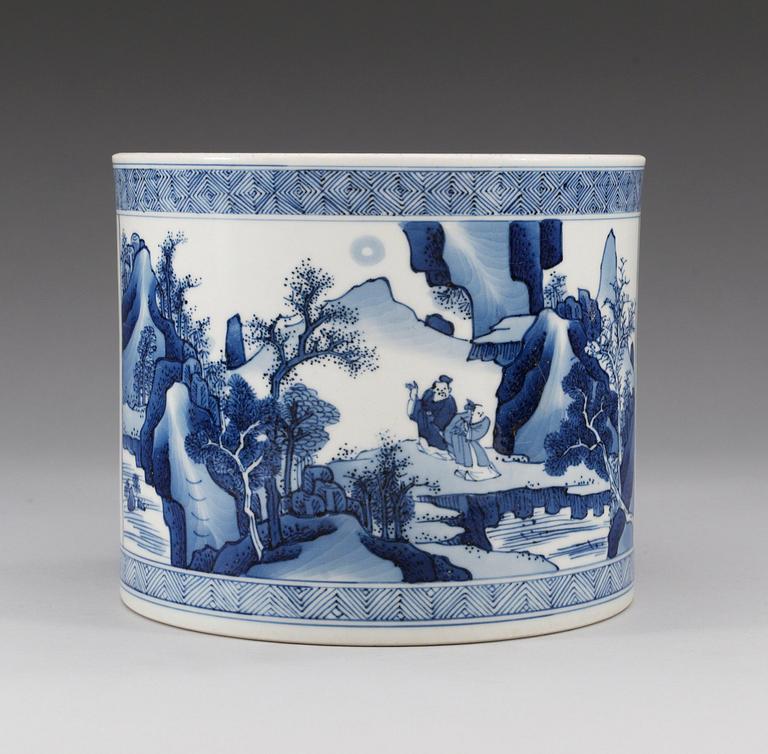 A blue and white brush pot, Qing dynasty, Kangxi (1662-1722).