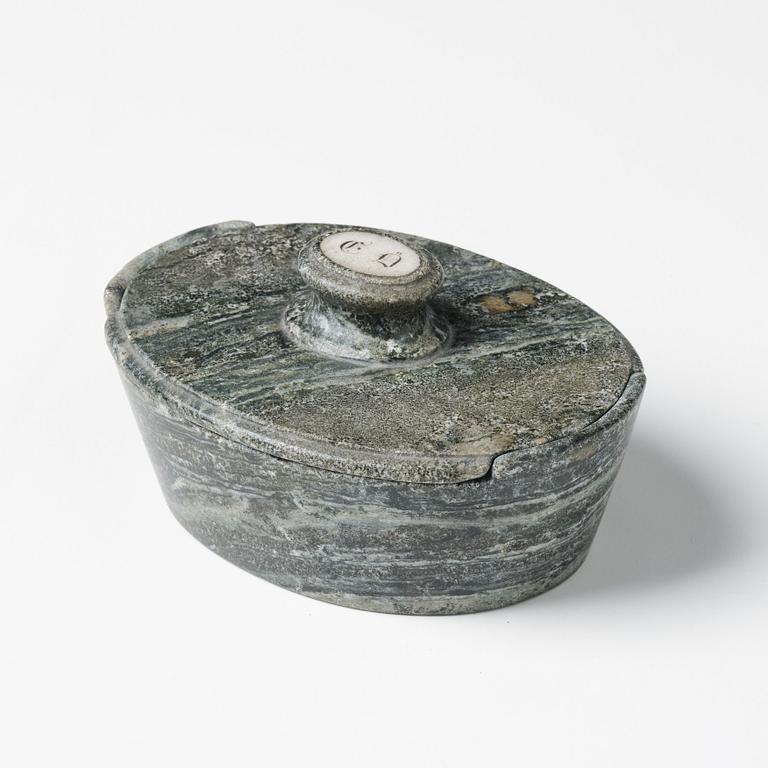 A Swedish Empire 'Kolmård' marble butter box with cover, early 19th century.