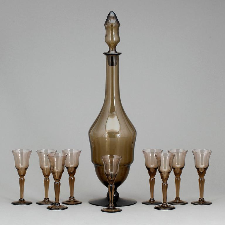 KARAFF samt GLAS, 11 delar, sodaglas, troligen Simon Gate för Sandviks glasbruk, Orrefors, 1920-tal.