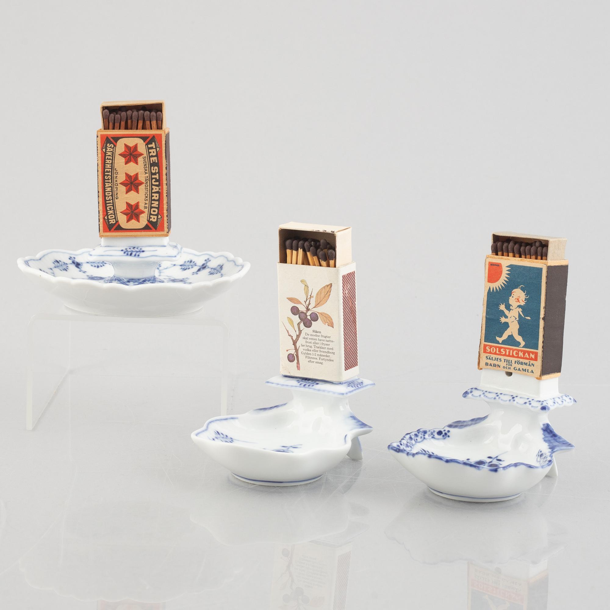 Three 'Blue Fluted' / 'Musselmalet' porcelain matchbox stands, Royal Copenhagen, models 136, 546, 2044, 1898-1923.