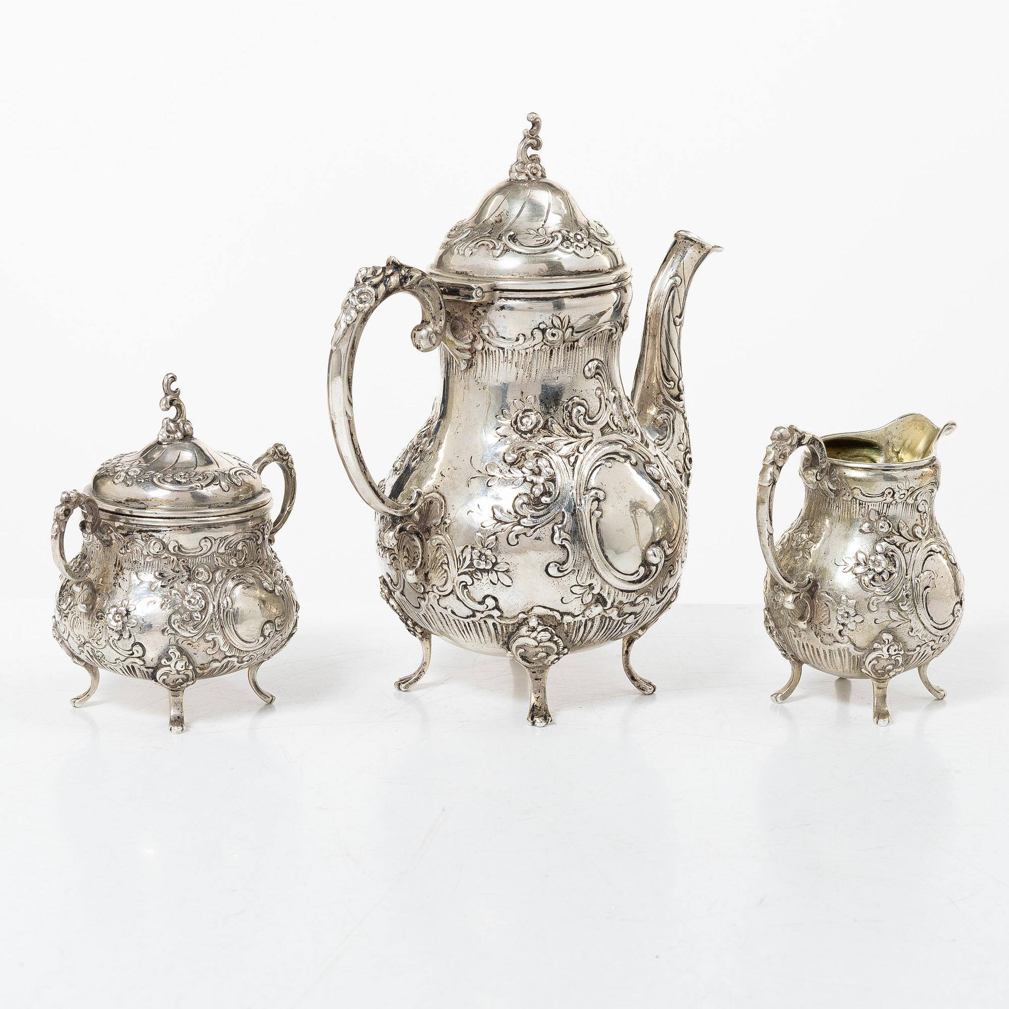 A three-piece rococo-style silver mocha service, 20th century, with swedish import marks.