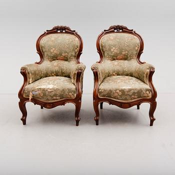 FÅTÖLJER, 1 par, sent 1800-tal.