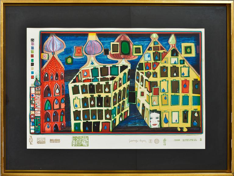 FRIEDENSREICH HUNDERTWASSER. Färgseriegrafi. "It Hurts to Wait With Love if Love Is Somewhere Else", nr 2639/3000.