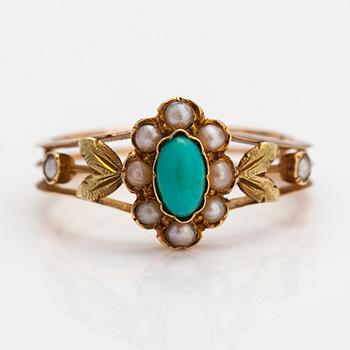 Otto Roland Mellin, An 18K gold ring with turquoises and cultured pearls. Helsinki 1876.