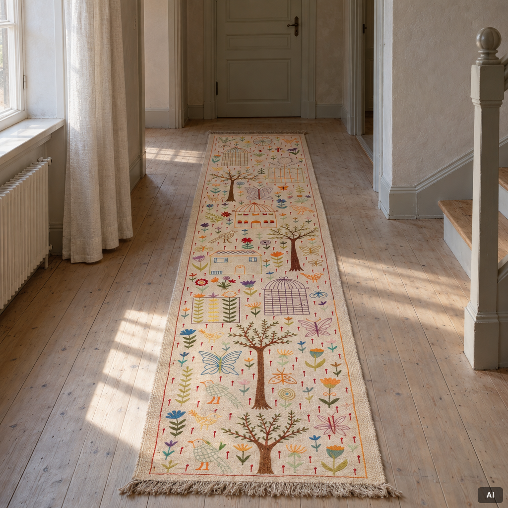 A hand-embroidered kilim runner, c. 300 x 80 cm.