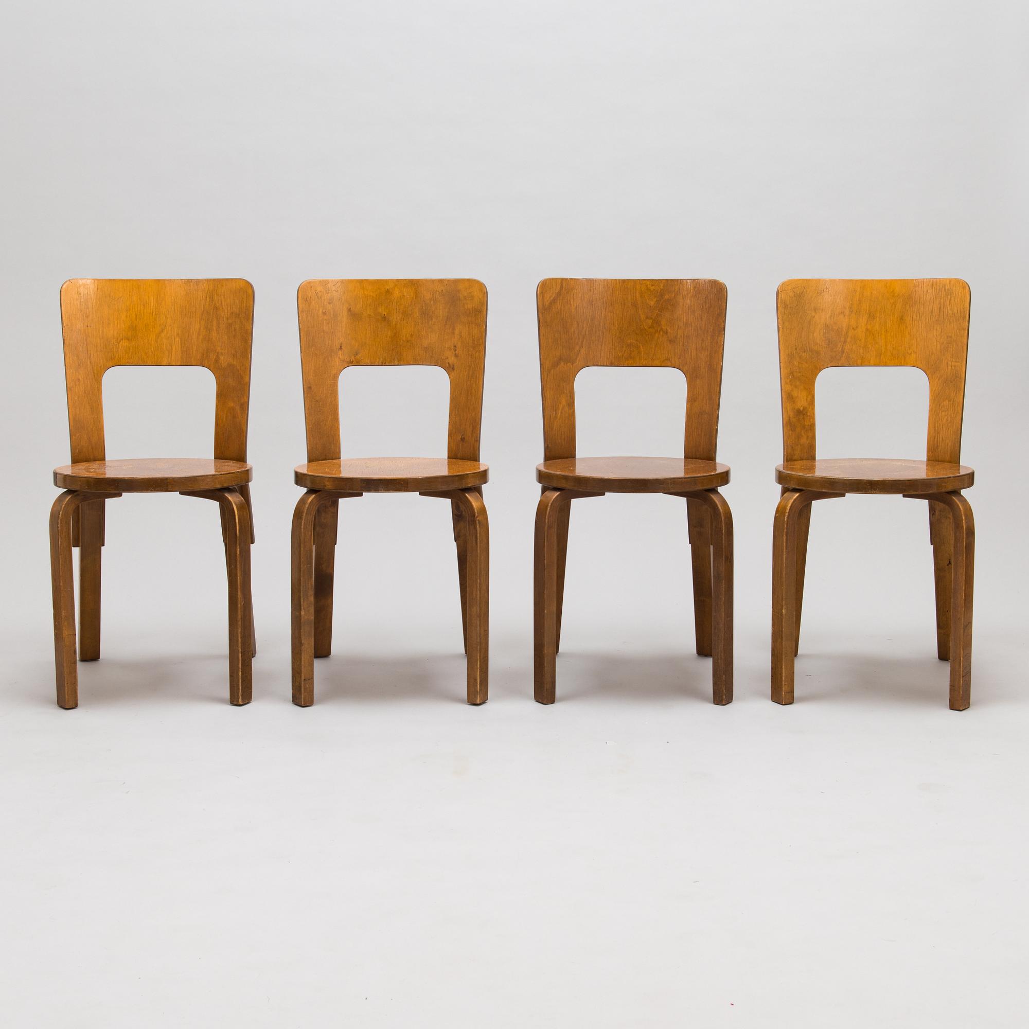 Alvar Aalto, four '66' chairs, O.Y. Huonekalu-ja Rakennustyötehdas A.B. Finland, 1930's/1940's.