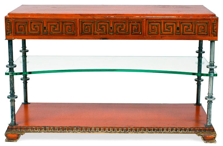 An Axel-Einar Hjorth red lacquered console table "Åbo" with silverplated brass legs, a glass shelf, Nordiska Kompaniet 1929-30.