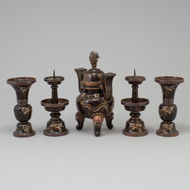 A set of five chinese altar garnitures, cloisonné, 20th century.
