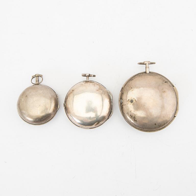 A set of three different 18th/19th century silver pocket watches.