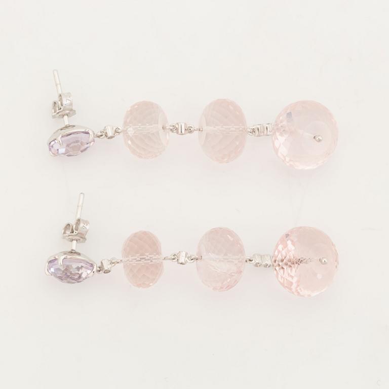 Briolette cut rose quartz and brilliant cut diamond earrings.