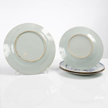A set of one Chinese blue and white export porcelain dish and three plates, Qing dynasty, Qianlong (1736-95).