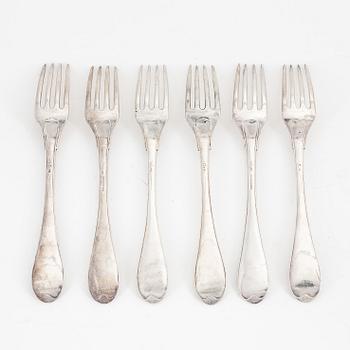 Six Swedish silver forks, mark of Gustaf Otto Sjöberg, Falun 1813.
