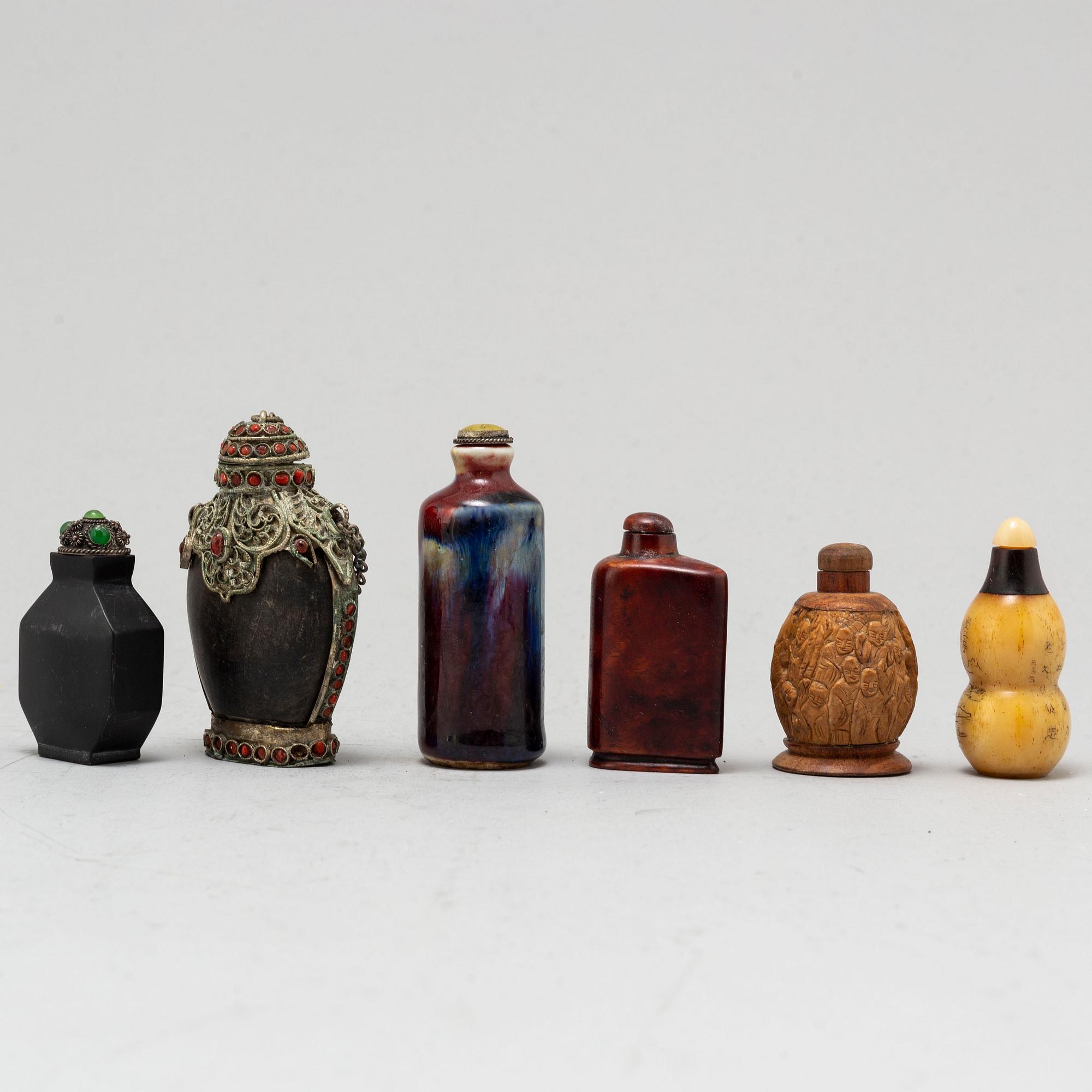 Six Chinese snuff bottles, 20th century.