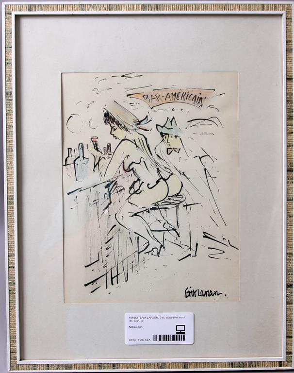 ERIK LARSEN, 3 st, akvareller samt lito, sign.