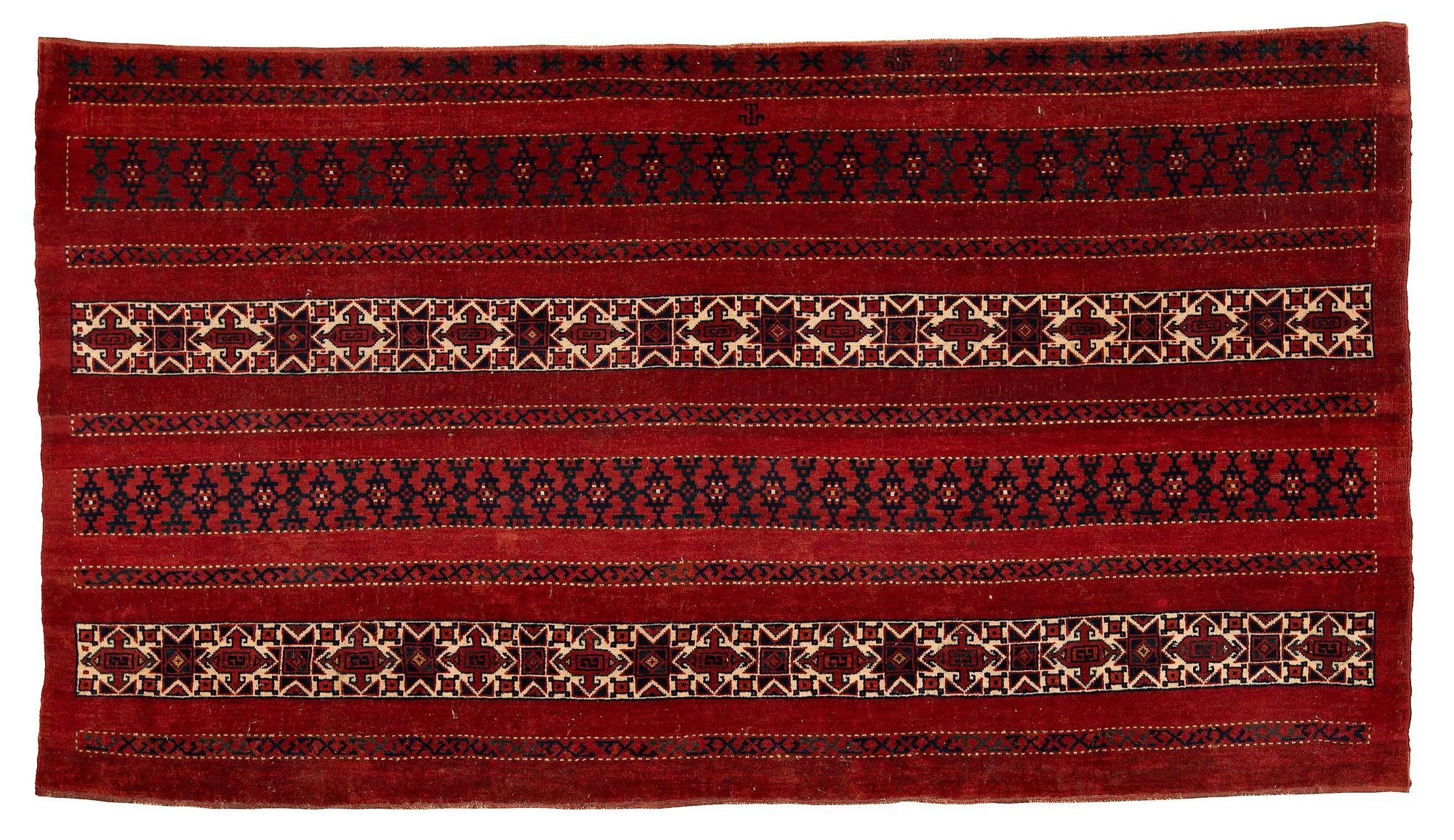 CHUVAL, antik Kirgiz/Turkmen, ca 115,5 x 209-211 cm (samt kortsidorna med ca 0,5-1 cm slätväv).