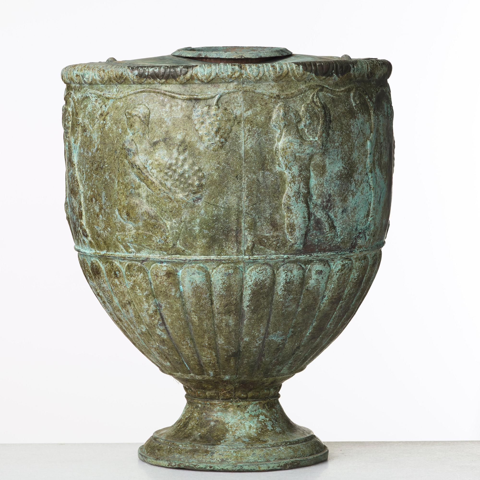 Ivar Johnsson, "Vinskörden", a pair of patinated copper urns, Swedish Grace 1920-30's.