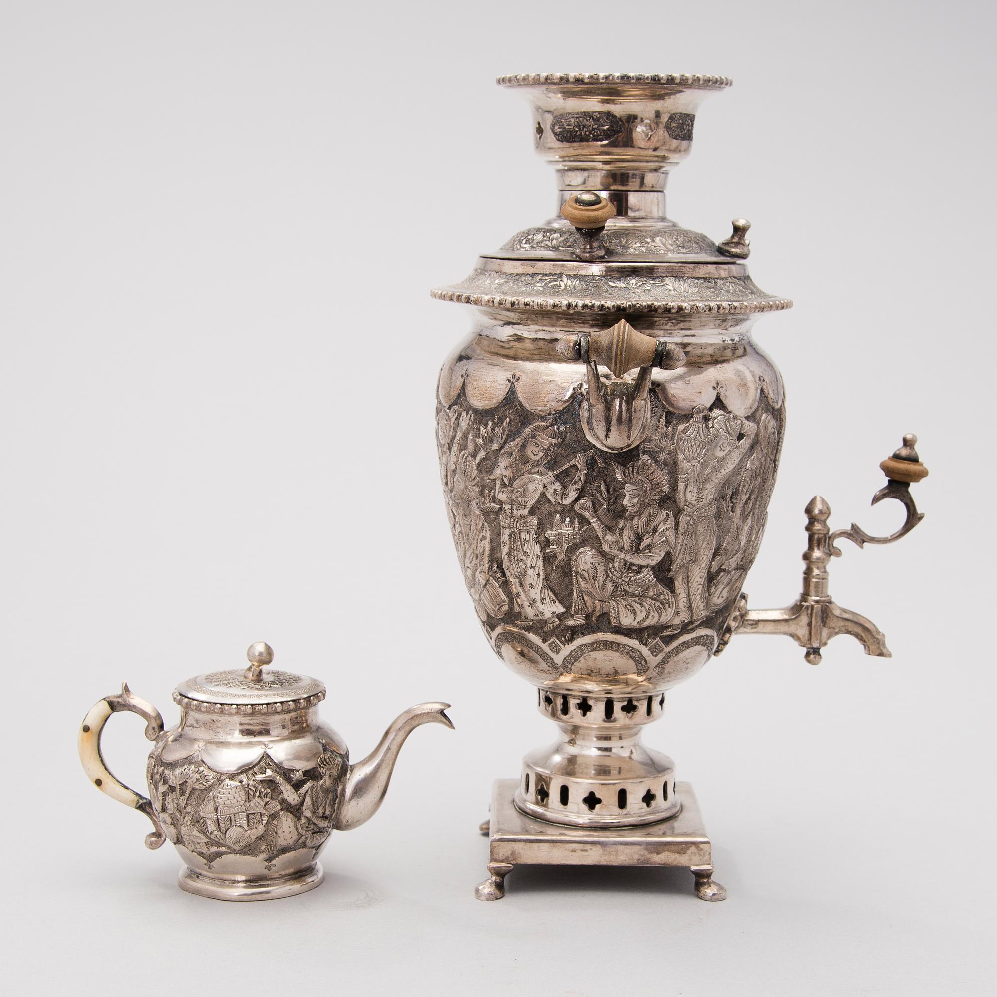 SAMOVAR, miniatyyri, hopeoitu, Persia 1900-luvun puoliväli.