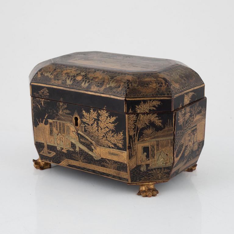 A lacquer box with pewter tea caddies, China, Qingdynasty, 19th century.