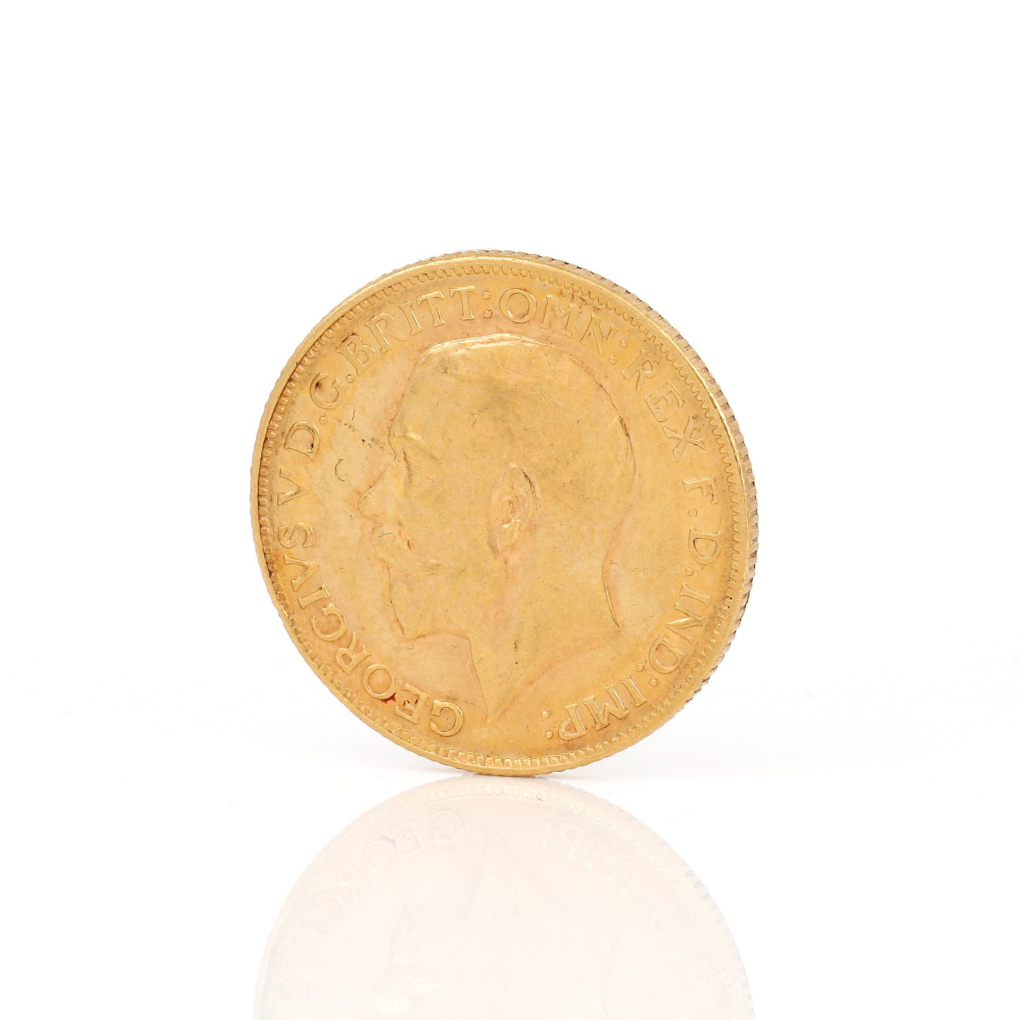 GULDMYNT, sovereign, George V, Storbrittannien 1928. Vikt ca 8 g.