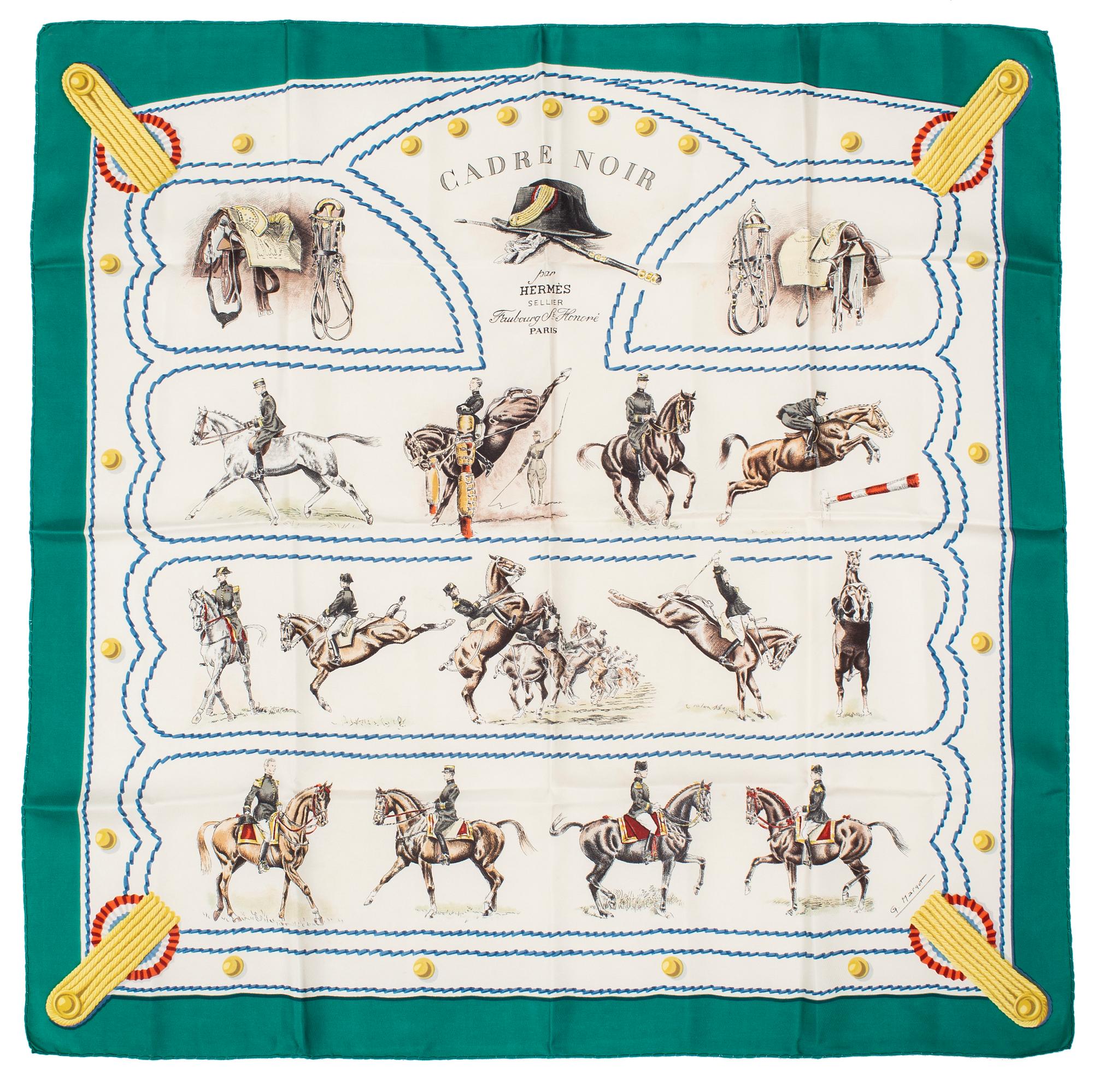 HERMÈS, scarf, "Cadre Noir," Margot Colonel G & H. Grygkar. Original issue, 1960.
