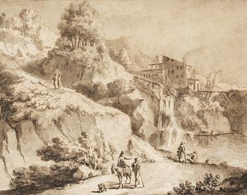 Cornelis Visscher Attributed to, An Italian landscape with travellers on  path.
