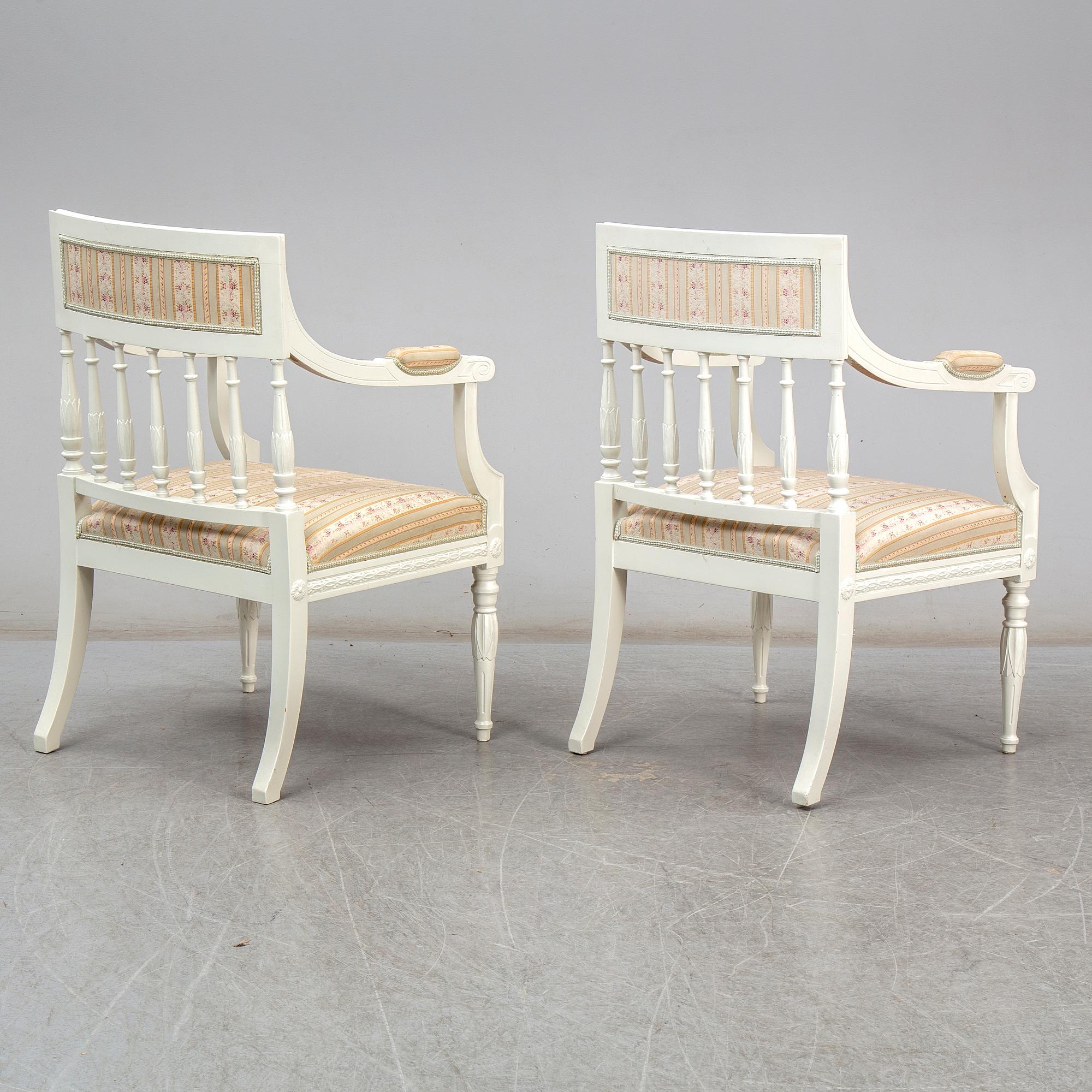 A pair of chairs, sofa and table, late gustavian style, 1900's.