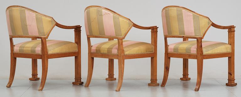 A set of Swedish Empire early 19th Century furniture comprising six armchairs, one sofa and one table.