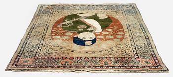 An antique pictoral, part silk Kashan 'Mohtasham' rug, Central Persia, c. 87 x 65 cm.