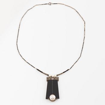 Necklace and a pair of earrings, silver, onyx, mother-of-pearl, and pyrite.