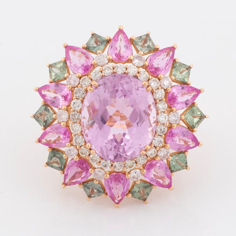 Kunzite, pink and green sapphire and brilliant  cut diamond cocktail ring.