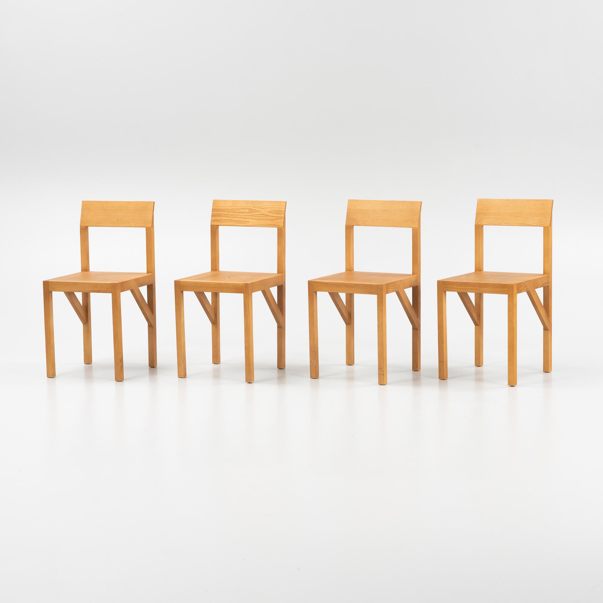 A set of four signed stained pine 'Bracket Chairs' by Frederik Gustav for Frama, Copenhagen 2023.