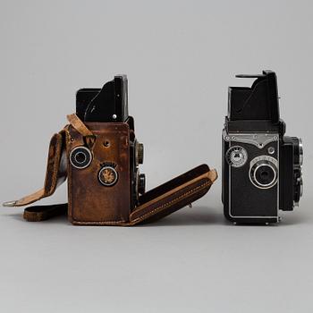 Two Twin Lens Reflex Cameras, a 1950s /60s Yashica 635 and a 1930s Rolleicord.