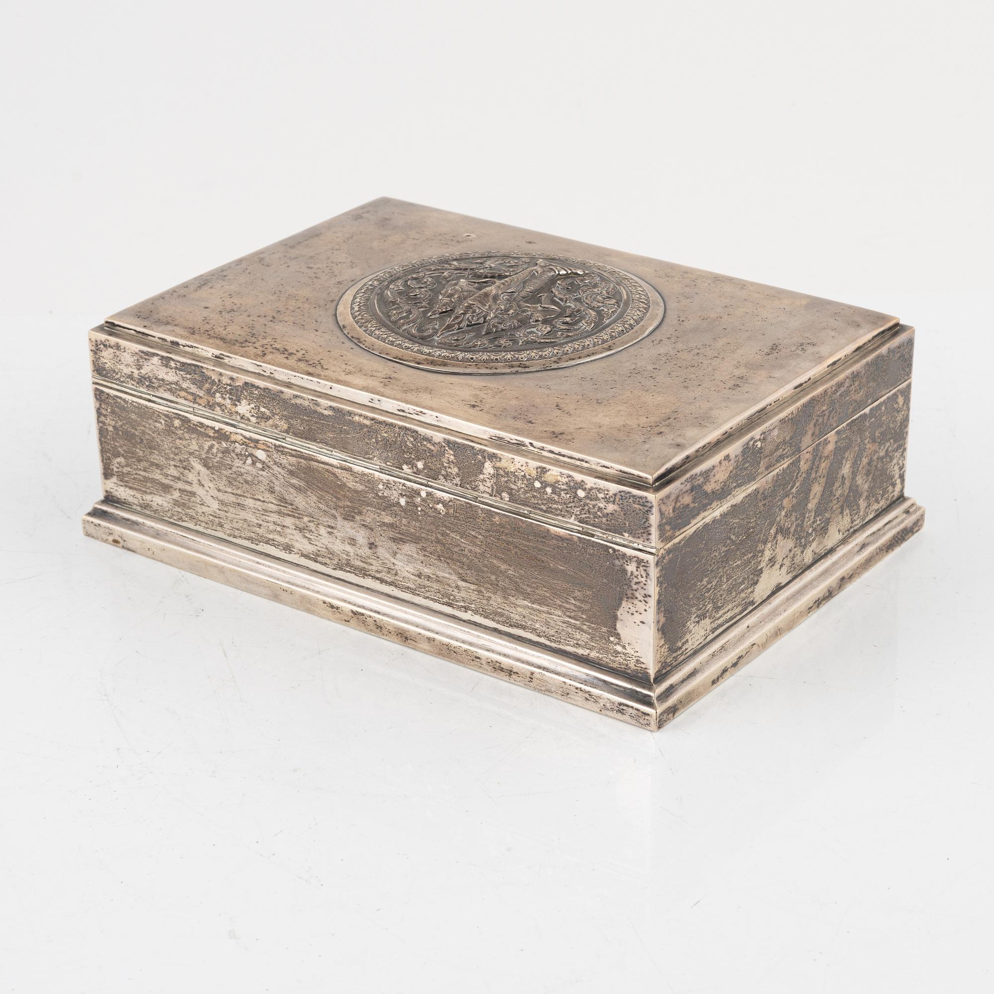 Skrin med lock, silver och trä. Stämplat Made in Siam, Stering.