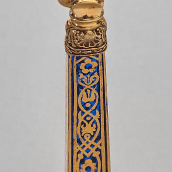 A 18 piece silver-gilt and blue glass dessert-cutlery   set, probably Germany 19th century.