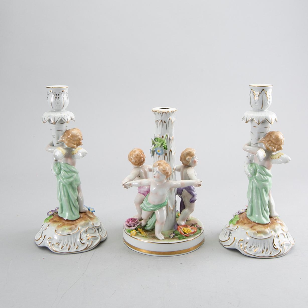 A pair of porcelain candle sticks and a bowl, Germany Schierholz mid 1900's.