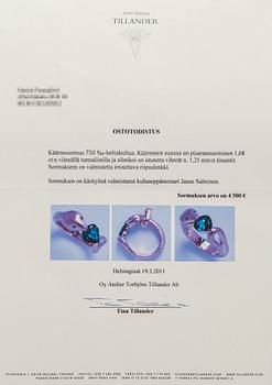 Torbjörn Tillander, an 18K gold serpent ring with heart-shaped green tourmaline and green diamonds, Helsinki 2011.