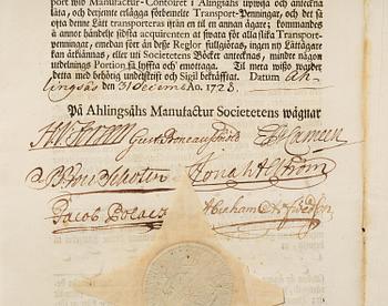 A Swedish share certificate, Ahlingsåhs Manufaktur Werk, No 476, 1728.