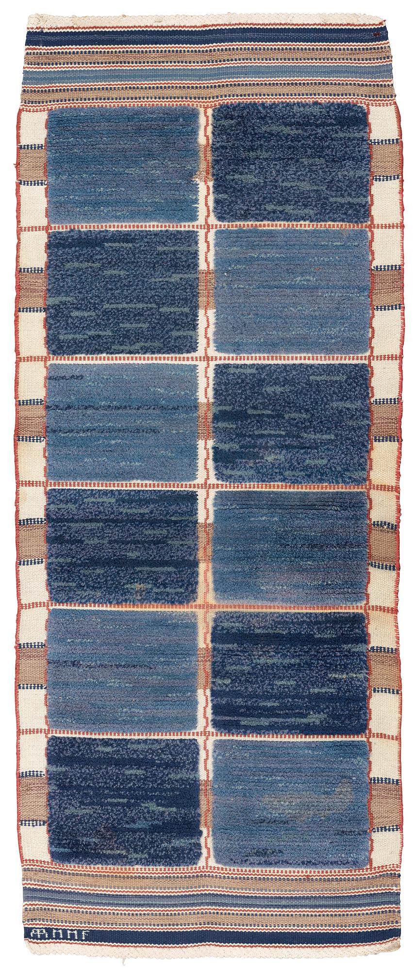 CARPET. "Rutig blå halvflossa". Knotted pile in relief. 197 x 81 cm. Signed AB MMF.