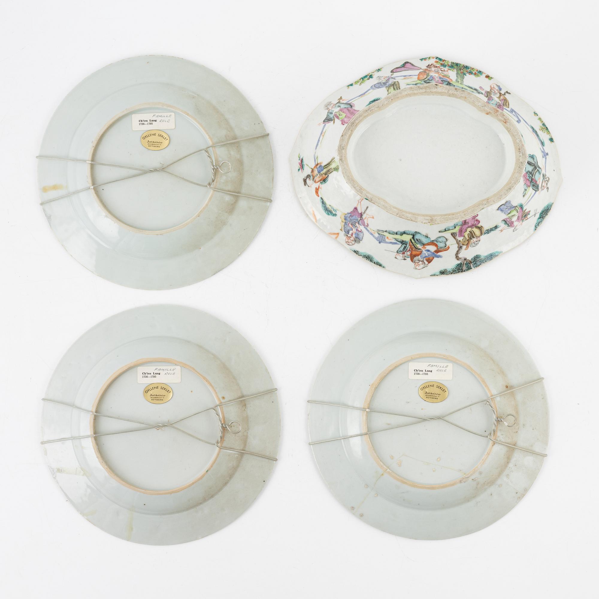 Three porcelain dishes, Qing dynasty, Qianlong  (1736-95) and a porcelain bowl, China, second half of the 20th Century.
