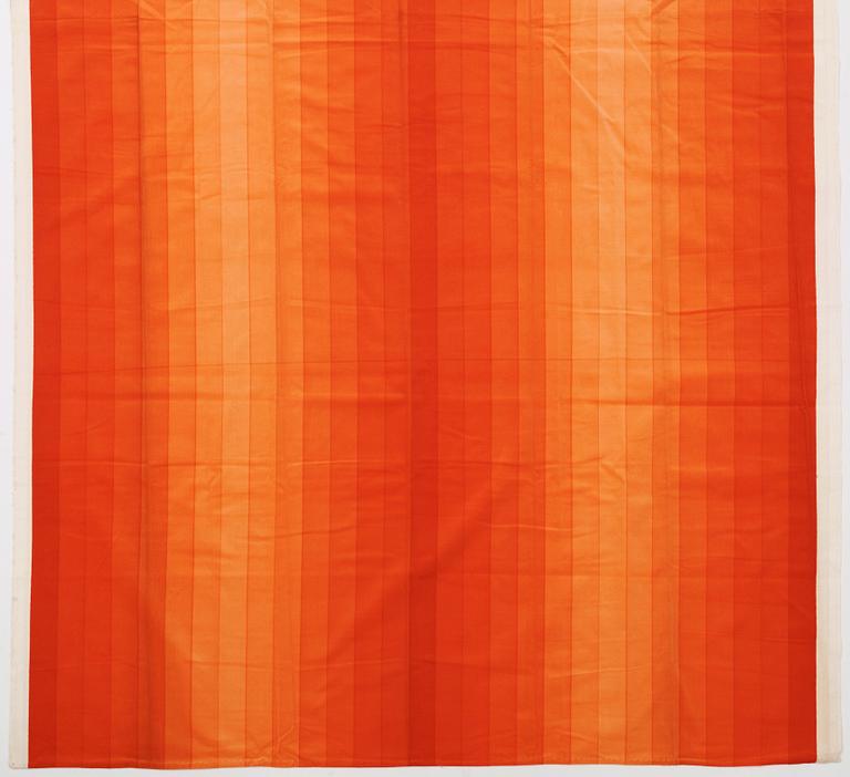 Verner Panton, CURTAINS, 2 PIECES, AND SAMPLERS, 11 PIECES.  Cotton velor. A variety of orange nuances and patterns. Verner Panton.