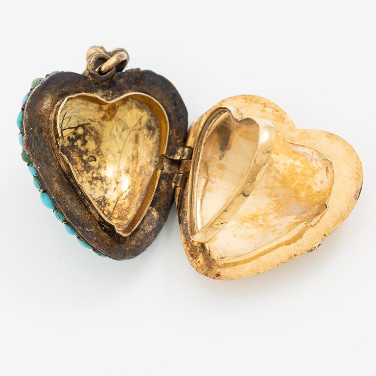 Häng/medaljong 18K guld med turkos och rosenslipade diamanter, 1800-tal.