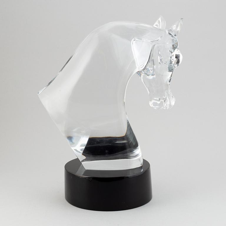 A Lalique Tête de Cheval Glass Horse Head Sculpture, signed.